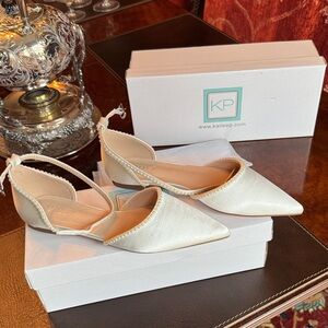 Kailee P Bella Satin pointy toe flats w mini pearls and ankle strap IVORY